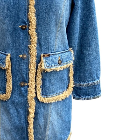 Lee Longline Faux Fur Denim Jean Jacket Cowgirl Western Fall Vintage 90s Faded-M - Picture 5 of 16
